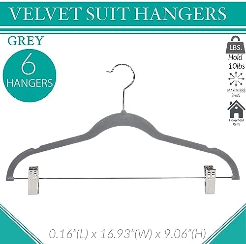 Simplify Velvet hangers - Plastic Hangers with Zink Hooks - Hangers for Pants, Shirts, Clothes - Grey - Pack of 6 - 0.16" x 16.93" x 9.06"
