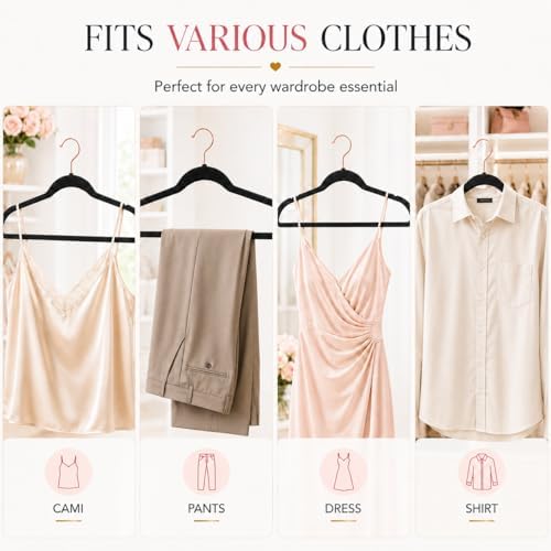 Smartor Black Velvet Hangers 50 Pack, Non Slip Rose Gold Hook Felt Hangers