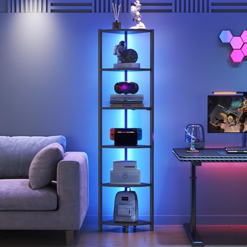 Corner Shelf with LED Lights, 6-Tier Corner Bookshelf, 66'' Organizer Book Shelf Shelves Steel Frame Display Stand with 