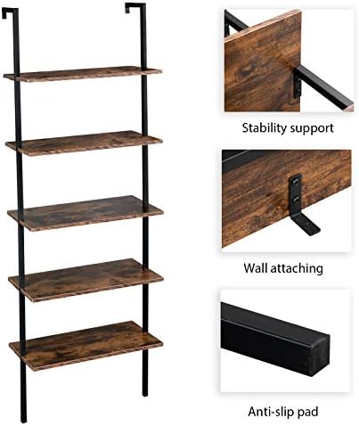 5 Tier Industrial Wall Mounted Bookshelf,Modern Ladder Bookcase Storage Organizer,Open Display Storage Rack,Plant Flower