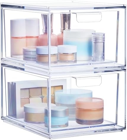 STORi Audrey Stackable Clear Bin Plastic Organizer Drawers | 2 Piece Set | Organize Cosmetics and Beauty Supplies on a V