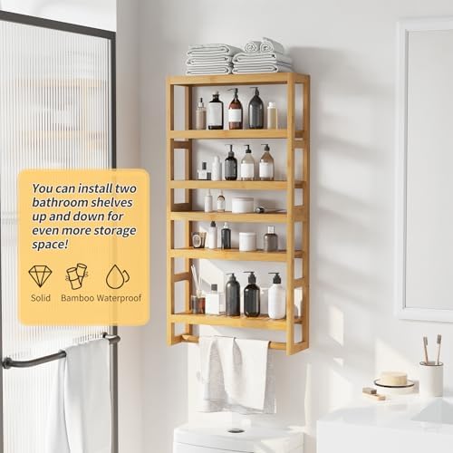 Bathroom Shelves with Hanging Bar Over Toilet Storage - Adjustable Wall Organizer (Natural)
