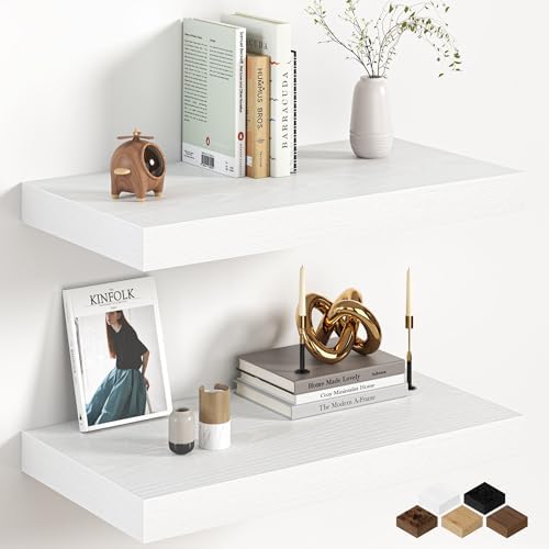 Fun Memories 24 Inch Deep Floating Shelves, Set of 2 Rustic Wood Wall Mounted Shelves with Invisible Brackets, Storage B