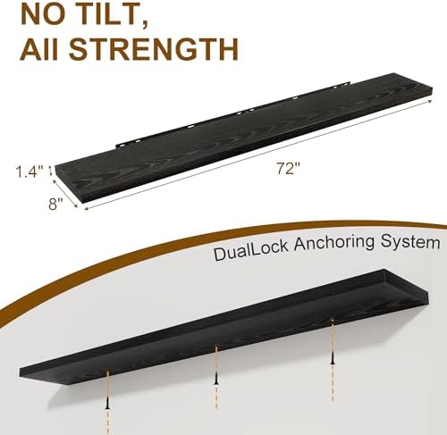 72 Inch Floating Shelves 2 Pack, 8 Inch Deep Floating Shelf Wall Mounted, Large Shelves with Invisible Bracket for Books