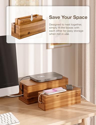 TIDITA Set 2 Sizes Wooden Cable Management Box Round Edge, Magnetic Lid