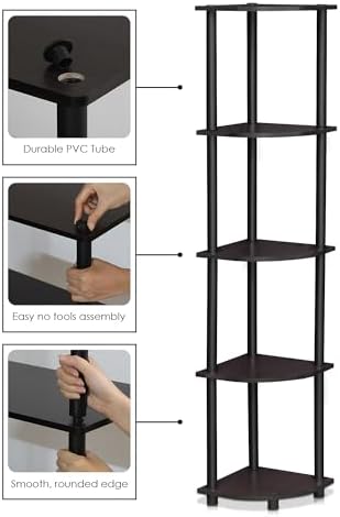 Furinno TURN-N-TUBE Corner Shelf, 5-Tier Corner Bookshelf, Open Storage Shelves, for Organization and Storage, Living Ro