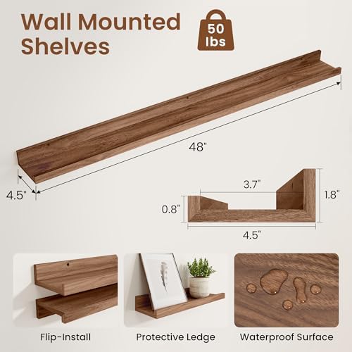 Heimlove Picture Ledge Shelf,48 inch Long Floating Shelves for Wall Set of 2,Picture Shelf with Lip for Wall Decor,Livin