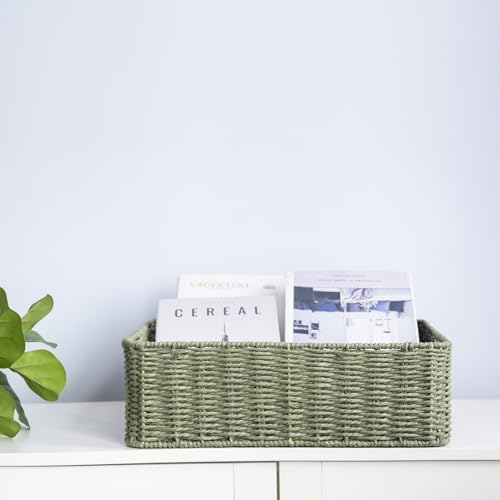 Rectangular Woven Paper Rope Storage Baskets for Shelves(Green)