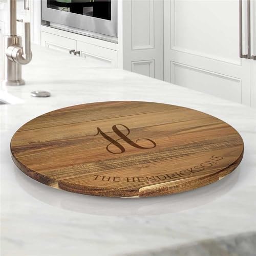 Engraved Family Name and Script Initial Personalized Lazy Susan, 16" Rotating Tray Brown