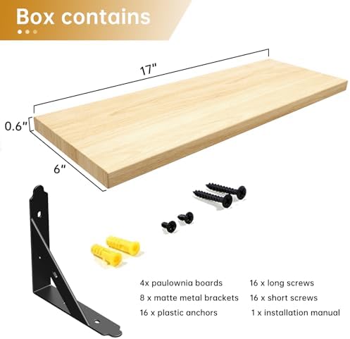 ROMGUAR CRAFT Wood Wall Floating Shelves Set of 4, 17" x 6" - Natural