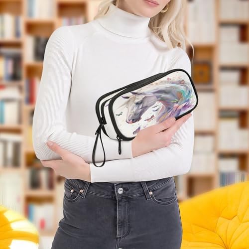 White Horse Butterflies Pencil Case Box Boys Girls Large Pencil Pouch with Zipper Compartments Big Capacity Stationery Pen Bag Organizer for Kids Teens Adults School