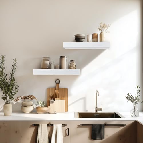 Floating Shelves, 17 Inch Wall Mounted Shelves, Set of 2, White
