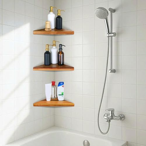 ENKEZI Acacia 2,3 Tiers Corner Shower Shelf, Triangular Corner Shelf Wooden Bathroom Shelf for Tiled Wall, Shower Corner