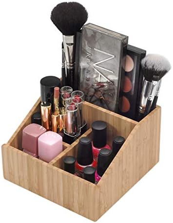 MobileVision Bamboo Makeup Organizer Cosmetics Caddy Holder for Lipsticks, Nail Polish, Palettes, Concealer, Brushes, Pe