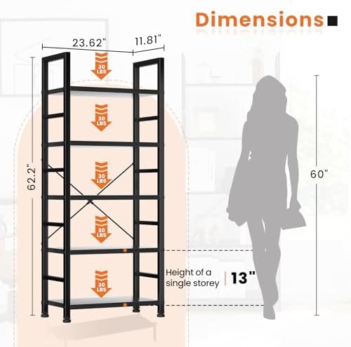 Sweetcrispy 5 Tier Bookshelf, Bookcase Shelf Storage Organizer, Black