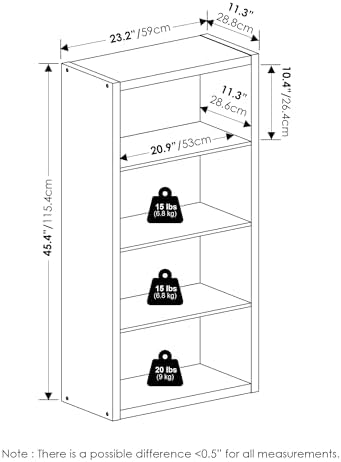Furinno Viola Book Shelf, 4-Tier Bookshelf, Extra Thick Frame Bookcase with Open Shelf, Open Back Design, 11.3" x 23.2" 
