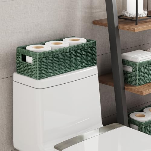 Vagusicc Wicker Storage Basket, Paper Rope Wicker Baskets with Handles, Toilet Paper Basket for Toilet Tank Top, Small Wicker Baskets for Organizing Shelves, 2-Pack, Green