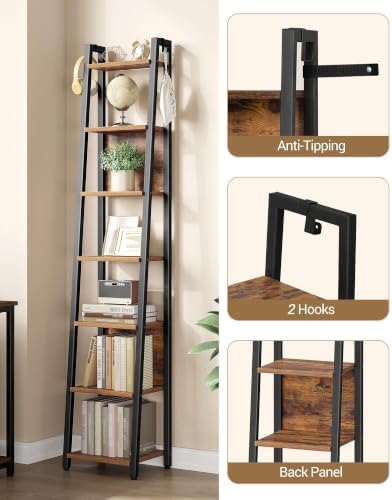 Hzuaneri Ladder Shelf, 7 Tier Narrow Bookshelf with 2 Back Panels