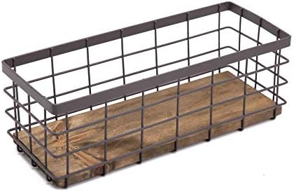 TIEYIPIN Small Metal Wire Storage Basket, Detachable Wood Base Storage Organizer Bin Basket for Kitchen Cabinets, Bathro