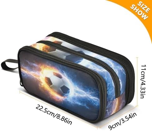 Big Capacity Soccer Ball Burning Student Pencil Case 3 Compartments Football Ball Pencil Bag Girls Boys Makeup bag Pen Pouch Large Stationery Zippers Organizer School College Office Teens Adults