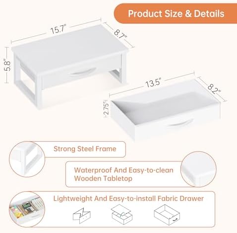 Desk Organizers and Accessories, Computer Monitor Stand Riser with Drawer, White Laptop Stand for Desk with Storage, Off