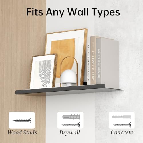 Floating Shelf for Wall, Wall Shelf, Off Center Metal Shelf for Decor, Modern Hanging Shelf for Storage with Lip for Liv