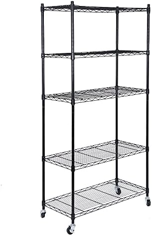 ZENY 5-Shelf Heavy Duty Shelving Storage Unit with Casters, Metal Organizer Wire Rack for Kitchen, Office, Garage, Black