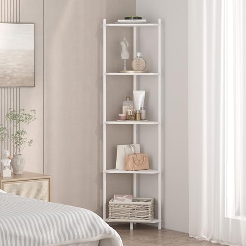 Wisuce White Tall Corner Shelf Stand, 5-Tier Bamboo Corner Bookshelf