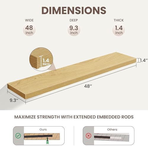 Acovy Floating Shelves for Wall,48 Inch Wall Mounted Rustic Wood Shelves,9.3" Deep Wall Shelf with Invisible Brackets,La
