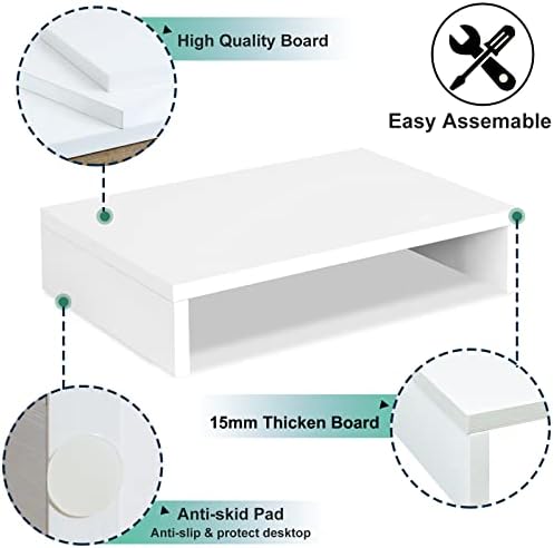 TEAMIX White Monitor Stand Riser for Desk, Small Computer/Laptop Stand Wood