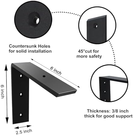 Countertop Support Bracket 2 Pack 6 inch Heavy Duty 3/8" Thick Black Granite Countertop Bracket 6"x6"x2.5" Shelf L Brack