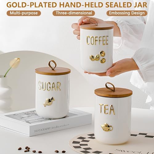 Comeon Ceramic Canister Set with Airtight Seal Bamboo Lid Silicone, 27oz Food Storage Jars for Coffee Sugar Tea, Contain