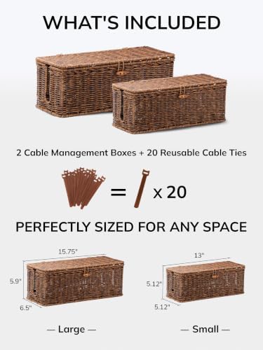 BROWNLILY Cable Management Box, Rattan Style Cord Organizer for Desk Cord Hider Outlet Covers for Power Strip Router Cha