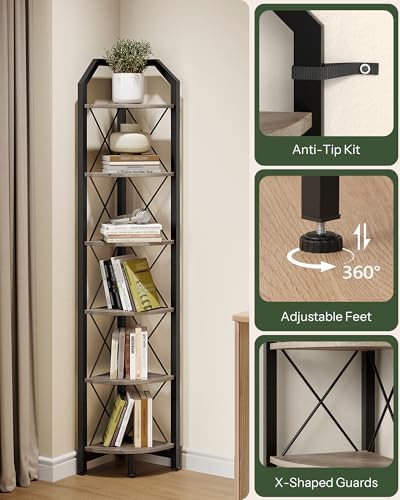 CHOEZON 6-Tier Corner Shelf, Industrial Corner Bookshelf, 71.2" Corner Storage Stand, Plant Stand Display Shelf, Corner 