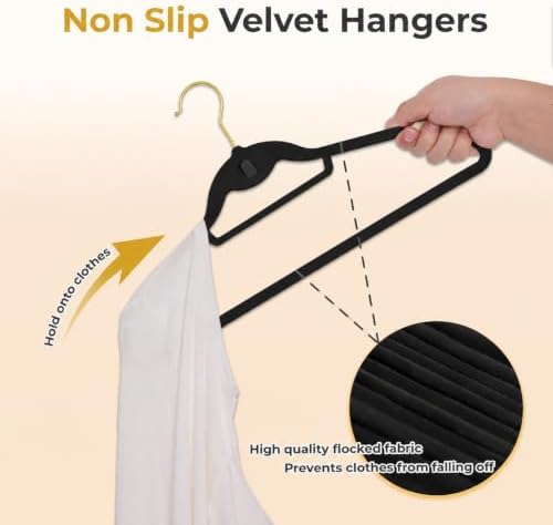 Black Velvet Hangers 50 Pack with Stackable Cascading Gloden Hook