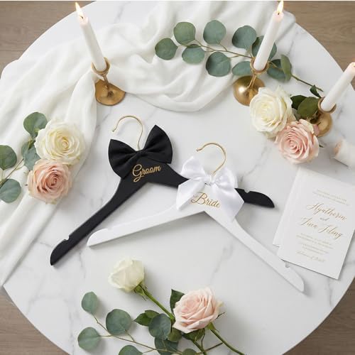 2 Pcs Bride Hanger and Groom Hangers Set, Wooden Wedding Dress Hanger,Wedding Accessories for Bride and Groom Gifts, Wedding Hangers with Letter and Bow Tie for Bridal Party Shower
