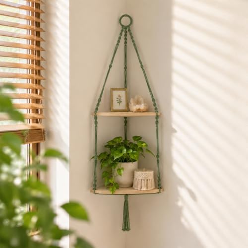 Artilady Corner Shelf Macrame Wall Hanging, Adjust Boho Storage Art, 2 Tier