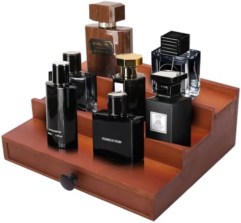 3 Tier Men's Cologne Organizer, Brown Wood Perfume Display Stand w/ Drawer