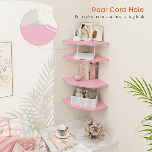 Homode Corner Shelf Wall Mount, Set of 4 Corner Floating Shelves, Wood Hanging Storage Shelving with Cord Hole, Wall She