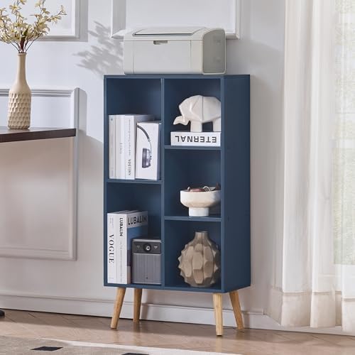 LEYAOYAO 5 Cube Bookshelf,Mid-Century Modern Book Shelf with Legs,Dark Blue