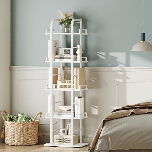 YATINEY 5 Tier Rotating Bookshelf, Freestanding Corner Bookshelf, 360 Spinning Bookcase Tower, Tall Industrial Style Org