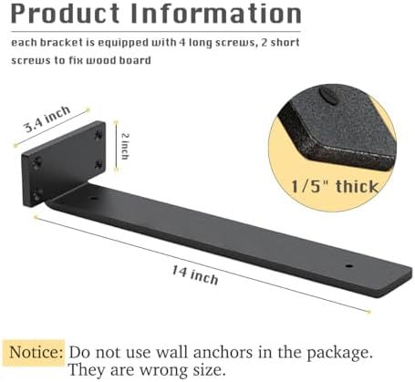 6 Pack Shelf Brackets 14 Inch Floating Shelf Bracket 1/5 inch Thick Heavy Duty Hidden Shelf Brackets Iron Metal Brackets