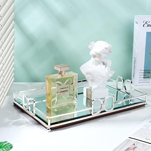 Decorative Tray, Bright Silver, Modern Premium Feeling Perfume Tray, Luxury Rust-Proof Glass Tray for Bathroom, Dresser,