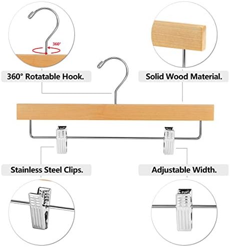 AMKUFO 20pcs Wooden Pants Hangers Solid Pants Hanger with Adjustable Clips 14 Inch Natural Wood Skirt Hangers Trousers Bottom Hanger with Non-Slip Clips and 360° Swivel Hook