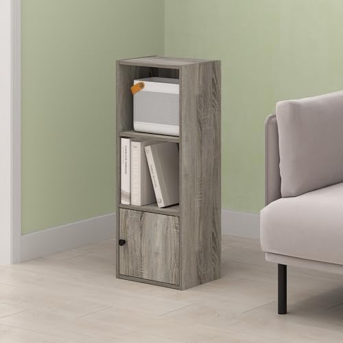 Hagen 3-Tier Bookshelf, 32 Inch Tall Bookcase with Open Shelves and Door, for Living Room, Home Office, Olive Oak