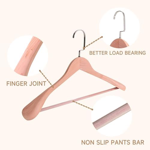 17.5" Wooden Suit Hangers with Non Slip Pants Bar, Cedar Wood, 12-Pack
