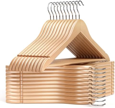 MIZGI 30-Pack Natural Wood Hangers, 0.47” Slim, 360° Swivel, Pant Bar