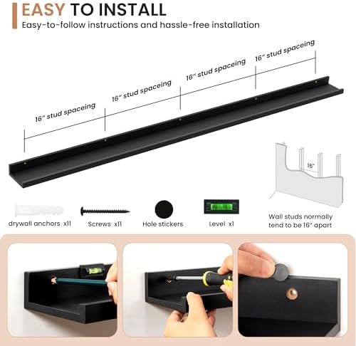 Dreamland Picture Ledge Shelf for Wall, Floating Shelves Set of 2,72 inch Long Floating Shelves with Lip for Living Room,Bedroom,Bathroom,Kitchen,Black