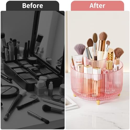 Clear Rotating Makeup Organizer Countertop for Vanity, 360° Makeup Brush Holder Organizer with 5 Compartments, Transpare