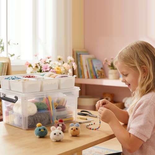 17 Qt Craft Organizers and Storage with Removable Tray and Divider, Clear Craft Storage Box, Stackable Art Supply Organi